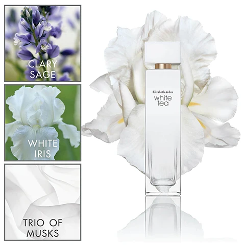 Image 1 - An elegant perfume bottle labeled Elizabeth Arden White Tea is surrounded by soft white flowers, with images of clary sage, white iris, and trio of musks displayed in the corners.
              Image 2 - A black-and-white image of a woman with long hair wearing a cozy sweater, beside a bottle of Elizabeth Ardens White Tea fragrance on a light background, with the text find your moment and Elizabeth Arden white tea.