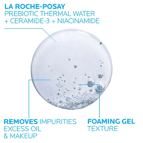 Image 1, la roche posay prebiotic thermal water plus ceramide-3 and niacinamide. foaming gel texture. removes impurities excess oil and makeup. Image 2, dermatologist recommended, board certified dermatologist dr anna karp says - i recommend that my patients with sensitive skin look for gentle cleansers free of ingredients that could cause irritation or skin reactions such as fragrance, drying alcohol and certain preservative, parabens and sulfates. Image 3, key dermatological ingredients. la roche posat prebiotic thermal water, prebiotic. a unique water rich in selenium a natural antioxidant. ceramind-3, skin identical lipid - helps retain moisture and maintain a healthy skin barrier. niacinamine, water soluble vitamin - known for its soothing and restoring properties. Image 4, dermatologist tested, allergy tested, oil free and non comedogenic.