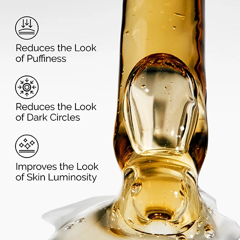 Image 1 - A viscous golden-brown liquid drips on a white background, accompanied by text that reads Reduces the Look of Puffiness, Reduces the Look of Dark Circles, and Improves the Look of Skin Luminosity. Image 2 - A before and after comparison of an eye area showing reduced dark circles, with the before image displaying more prominent darkness and redness under the eye, and the after image showing lighter, more even skin tone, alongside the text Visibly reduces dark circles. Before. After 6 weeks. Clinical testing on 22 panellists using the product 2x/day for 6 weeks. Image 3 - A close-up of skin under an eye being touched by a finger, with two text boxes saying Depuffing and Brightening. Image 4 - A close-up of a translucent yellow-amber liquid with bubbles illustrates the key ingredients in Caffeine Solution 5% + EGCG: Caffeine, an energizing molecule that helps to support a luminous eye area, and Epigallocatechin gallatyl glucoside (EGCG), which helps to target the appearance of dark circles. Image 5 - A visual guide displays a The Ordinary skincare regimen, titled A regimen for brighter, radiant-looking skin, detailing three steps: PREP with Squalane Cleanser that Cleanses skin and removes makeup; TREAT with Caffeine Solution 5% + EGCG that Reduces the look of under-eye puffiness and dark circles, and Ascorbyl Glucoside Solution 12% that Brightens and balances uneven skin tone; and SEAL with Natural Moisturizing Factors + HA that Supports the skin barrier.