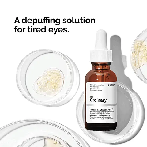 Image 1,A depuffing solution for tired eyes. Image 2, Reduces the look of puffiness and dark circles, caffeine ad EGCG Water based serum texture. Image 3, Water based serum, use 1-2 drops. Image 4, Signifcant decrease in the look of dark circles after 3 weeks. In 37 subjects applying 1 to 2 drops to the eye contour area 2x/day for 6 weeks. Image 5, 1. Prep: cleaners and toners. 2.Treat: water based serums, eye serums, anhydrous and oils. 3. Seal: suspensions, moisturisers and SPF.