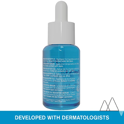 Image 1 - A cylindrical bottle with a white dropper cap contains a turquoise serum, with labels written in multiple languages providing directions and safety information about the product, along with the text DEVELOPED WITH DERMATOLOGISTS at the bottom.
              Image 2 - A close-up image of a persons cheek with a serum dropper applying a clear serum, featuring text that reads ALL SKIN TYPES - EVEN SENSITIVE, Lightweight fresh serum, and Non greasy & Non-sticky.
              Image 3 - A young woman with short, wet hair smiles while holding a blue serum bottle to her face in front of a light blue background, with text stating 86% plumped skin and 100% smoothed skin.
              Image 4 - Infographic showing key ingredients of a skincare product, including 1.5% pure and natural hyaluronic acid, LN Modul patent, marshmallow flower, and Uriage thermal water, each with accompanying benefits; text includes Advanced Dermatological Formula and various benefits for skin hydration and protection.
              Image 5 - A scenic view of snow-capped mountains reflected in a serene lake, with icons and text indicating dermatologically tested, suitable for all skin types, non-comedogenic, and 97% ingredients of natural origin.
              Image 6 - A blue serum bottle with a dropper top labeled Uriage Eau Thermale H.A Booster Serum is shown against a white background, with a circular graphic that reads Developed by Dermatologists.