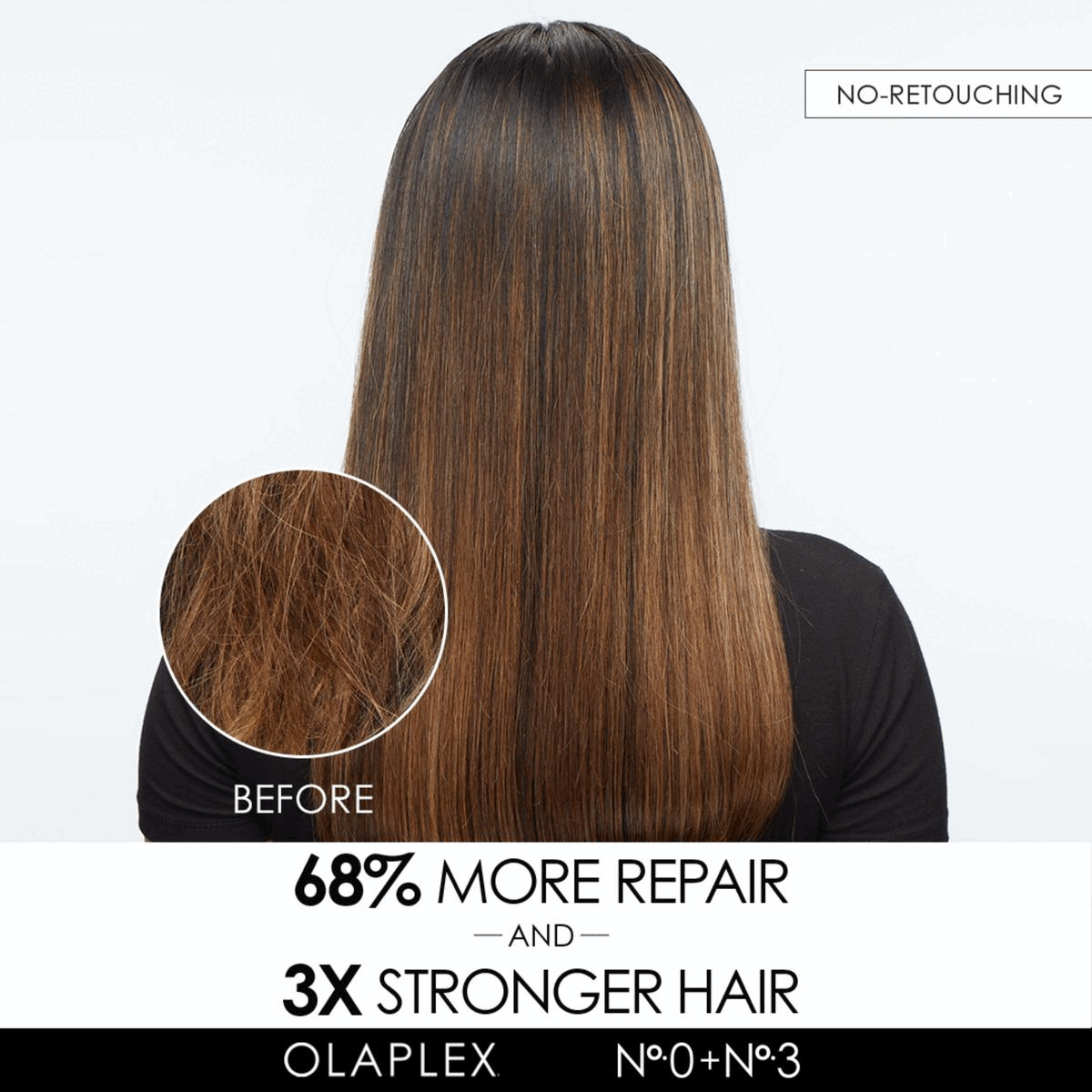 Image 1, 2 and 3, Before, No-Retouching 68% more repair and 3x stronger hair olaplex No0+No3. 