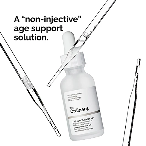 Image 1 - A product bottle of The Ordinarys Argireline Solution 10% is surrounded by glass droppers while the text A non-injective age support solution. is displayed to the left.
              Image 2 - A dropper bottle of The Ordinary Argireline Solution 10% is placed on a white box against a light background, with visible text stating 10% Argireline™ improves appearance of dynamic lines and crow’s feet.
              Image 3 - A woman with dark skin is applying a product around her eye with her index finger while looking at the camera; text beside her reads Apply a few drops to the forehead and around the eyes in the morning and evening.
              Image 4 - An abstract illustration showing two overlapping circular shapes with the text Lightweight water-based serum.
              Image 5 - Image shows various skincare products organized into three categories: Prep with cleansers and toners, Treat including water-based serums, eye serums, anhydrous solutions, and oils, and Seal with suspensions, moisturizers, and SPF.
