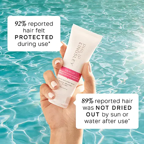 Image 1, 92% reported hair felt protected during use. 89% reported hair was not dried out by sun or water after use.Image 2, KINGSLEY PHILIP SWIMCAP hom chlorinated and saltwa s cheveux des dégits d'e TER RESISTANT MASK MASQUE RESISTANT A L'EAU
              HYDROLYZED ELASTIN Increases elasticity for stronger hair & reduced breakage CASTOR OIL Locks in moisture that can be lost when hair is exposed to UV rays, salt water & chlorine OLIVE OIL High in Vitamin E to moisturise for shiny, healthy hair Image 3, absorbs UV, water resistant, chlorine proof, prevents colour fade, strengthens, deeply hydrates