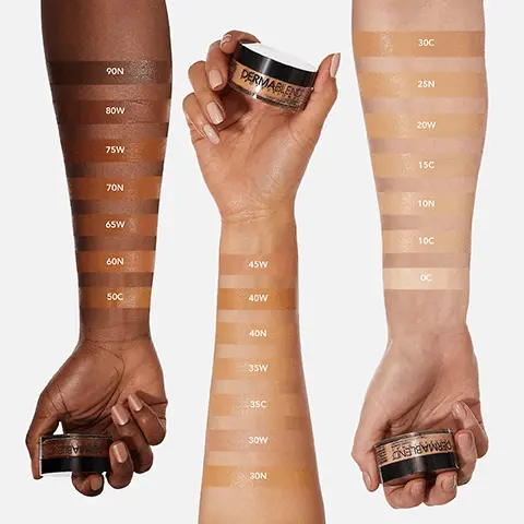 Swatches of each shade modelled across three different skin tones. #1 dermatologist recommended coverage brand. Effectively covers skin conditions including: vitiligo, birthmarks, burns, scars and more. Maximum moisturizing coverage. SPF 30. Helps strengthen and repair skin barrier. Up to 16hr wear. Natural finish- when used with Dermablend Loose Setting Powder. How to use Cover Creme. Step 1- Warm, dispense a small amount. Warm in a circular motion until it softens. Step 2- Apply, with fingers. For maximum coverage avoid using brushes. Step 3- Build, coverage by tapping on additional product to achieve desired look. Step 4- Set, with Dermablend Loose Setting Powder. Buff excess after 2 minutes. Items sold separately. Skin security standards. Dermatologist tested for safety. Non-comedogenic. Sensitive skin tested. Allergy tested. Formula Standards. High-performance pigments. Fragrance-free. Pthalate-free. Vegan formula. 2021 Survey of US Board Certified Dermatologists.