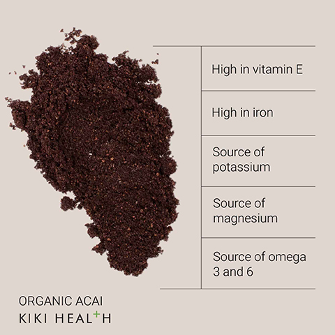 Image 1 - Image shows a pile of organic acai powder on a beige background, with the following text to the right: High in vitamin E, High in iron, Source of potassium, Source of magnesium, Source of omega 3 and 6, and at the bottom, Organic Acai KIKI HEALTH.