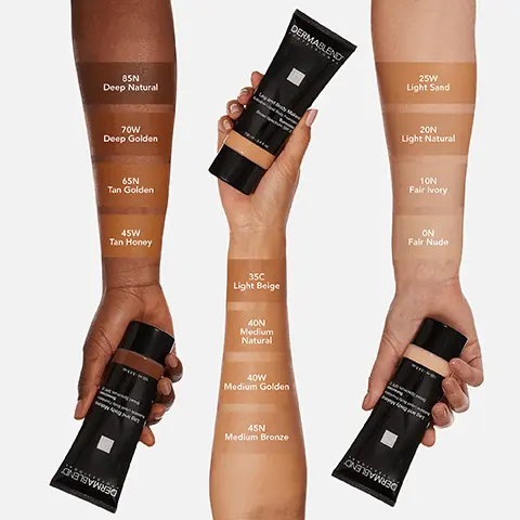 85N Deep Natural. 70W Deep Golden. 65N Tan Golden. 45W Tan Honey. 35C Light Beige. 40N Medium Natural. 40W Medium Golden. 45N Medium Bronze. 25W Light Sand. 20N Light Natural. 10N Fair Ivory. 0N Fair Nude. #1 Dermatologist recommended coverage brand. Easily covers varicose veins, stretch marks, scars, tattoos, birthmarks, bruises and more. 2021 Survey of US Board Certified Dermatologists. Leg and Body Makeup. Lightweight buildable coverage. All day hydration. SPF 25. Smudge and transfer-resistant. When used with Dermablend Loose Setting Powder. How to use leg and body makeup. Step 1- Apply to clean, dry skin. Use long strokes to apply over large areas. Step 2- Build for more coverage, allow makeup to dry before adding additional layers. Step 3- Set apply a generous amount of Dermablend Loose Setting Powder. Step 4- Buff after 5-10 minutes. Items sold separately. Skin security standards. Dermatologist Standards. Dermatologist tested for safety. Non-comedogenic. Sensitive skin tested. Allergy Tested. Formula standards. High-performance pigments. Fragrance-free. Pthalate-free. Vegan formula.