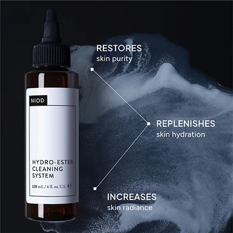Image 2 - An amber bottle of NIOD Hydro-Ester Cleaning System is displayed with text on its label reading NIOD HYDRO-ESTER CLEANING SYSTEM 120 mL / 4 fl. oz. U.S. e, alongside a swirling grey and white background with accompanying text stating RESTORES skin purity, REPLENISHES skin hydration, and INCREASES skin radiance. Image 3 - A split image shows a persons face before and after cleansing, with the left side showing makeup on the cheek and around the eye, and the right side showing clean skin, captioned Thoroughly cleanses skin of impurities including waterproof makeup and UV filters. BEFORE AFTER. Image 4 - A microscopic image of a textured, yellowish-green and reddish-orange surface with text overlay that reads KEY INGREDIENT, HYDRO-ESTER CLEANING SYSTEM, SOLANUM LYCOPERSICUM FRUIT LIPIDS, and A potent antioxidant that helps preserve skins natural collagen in the face of environmental stressors. Image 5 - The image displays a three-step NIOD skincare regimen with three products: an amber bottle of cleanser with a black dispensing cap, an amber dropper bottle of serum, and an amber jar of moisturizer with a silver cap, featuring the visible text: REGIMEN STEP 1 NIOD HYDRO-ESTER CLEANING SYSTEM 120 mL / 4 fl. oz. U.S. e. HECS Thoroughly cleanse skin of impurities. STEP 2 NIOD COPPER AMINO ISOLATE SERUM 3 1:1 30 mL / 1 fl. oz. U.S. e. CAIS 3 1:1 Visibly repair skin structure to minimize wrinkles and boost elasticity. STEP 3 NIOD HYDRATION VACCINE 50 mL / 1.7 fl. oz. U.S. e. HV Supplement and preserve skin moisture. Image 6 - A close-up of a persons right eye and cheek with a shiny, clear product applied to the cheek and forehead, along with small white plus signs scattered across the face. Massage onto dry face for one minute or longer. Emulsify with water and rinse.
