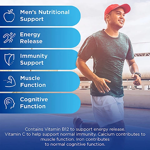 Image 1, men's nutritional support, energy release, immunity support, muscle function, cognitive function. contains vitamin b12 to support energy release. vitamin c to help support normal immunity, calcium contributes to muscle function, iron contributes to normal cognitive function. Image 2, specially tailored for men, calcium magnesium and vitamin d contribute to muscle function. Image 3, gluten free, non GMO, lactose free, sugar free, nut free. Image 4, world's number 1 multivitamin brand *based on worldwide value sales of the centrum range for verification please contact customer.relations@gsk.com. Image 5, customer review - great multivitamin for men, 5 stars.