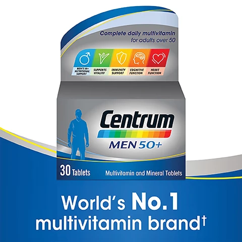 Image 1, worlds number 1 multivitamin brand. Image 2, specifically tailored to men. Image 3, men's 50+ nutritional support a tailored blend of nutrients to support the changing needs of men over 50. supports vitality vitamin B2 and B5 to help release energy from your diet and contribute to your health. immunity support high in vitamin c and d plus zinc that each support the normal function of the immune system. cognitive function iron contributes to normal cognitive function. heart function vitamin b1 to support normal heart function. Image 4, free from wheat, gluten, milk, lactose, nuts, sugar and GMO.