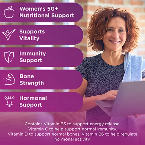 Image 1, women's 50+ nutritional support, supports vitality, immunity support, bone strength, hormonal support. contains vitamin b3 to support energy release. vitamin c to help support normal immunity, vitamin d to support normal bones, vitamin b6 to help regulate hormonal activity. Image 3, specifically tailored for women over 50, vitamin b6 regulate normal hormonal activity. Image 4, gluten free, no gmo, lactose free, sugar free, nut free. Image 5, world's number 1 multivitamin brand, based on worldwide value sales of centrum range. for verification please contact customer.relations@gsk.com. Image 5, customer review - great product for an all round vitamin supplement