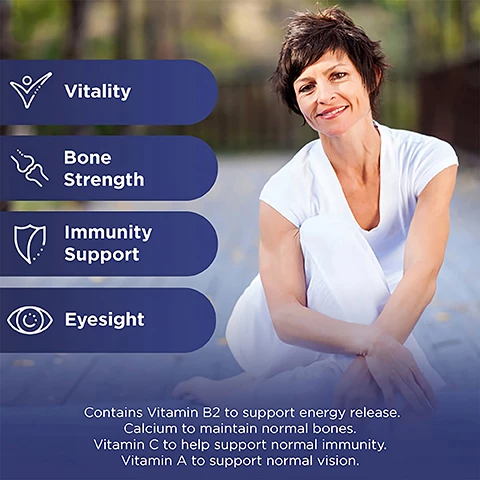 Image 1, vitality, bone strength, immunity support, eyesight, contains vitamin b2 to support energy release. calcium to maintain normal bones, vitamin c to help support normal immunity, vitamin a to support normal vision. Image 2, complete daily multivitamin for adults over 50. Image 3, gluten free, no gmo, lactose free, sugar free, nut free. Image 4, world's number 1 multivitamin brand, based on worldwide value sales of the centrum range. for verification please contact customer.relations@gsk.com. Image 4, customer review - i like the fact that they are specifically designed for my age group. contains vitamin b2 to support energy release