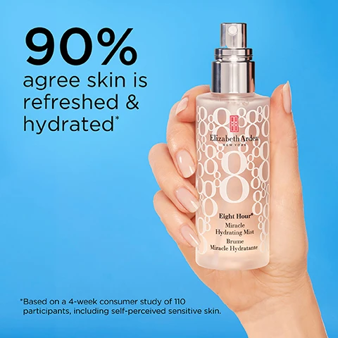 Image 1, 90% agree skin is refreshed and hydrated. based on a 4 week consumer study of 110 participants, including self perceived sensitive skin. image 2, a soothing touch of hydration. image 3, 8 great benefits: instant moisture, dewy radiance, soothe, refresh, invigorate, antioxidant rich, full coverage, ultra fine. image 4, ultra fine spray. image 5, hydraplay skin perfecting daily moisturiser, miracle hydrating mist, lip protectant stick SPF 15, intensive moisturising hand treatment. skin protectant.
