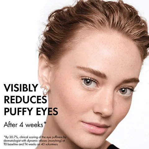 Image 1,Visibly reduces puff eyes after 4 weeks. Image 2, visibly reduce dark circles and under eye bags, lightweight eye cream with natural origin hyaluronic acid and pure caffeine. Image 3, Refreshing and long lasting radiance replenish hydrate and protect. Image 4, Apply twice a day to counteract fatigue and replenish the skin. Image 5, Lightweight water gel instantly comforts the eye contour