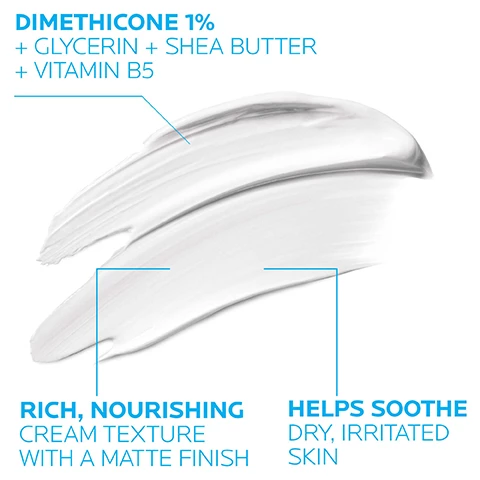 Image 1, dimethicone 1% + glycerin + shea butter + vitamin B5. rich nourishing cream texture with a matte finish. helps sooth dry, irritated skin. Image 2, dermatologist recommended, board certified dermatologist dr rina allawh says - semi-occlusive creams are unique in that they allow the skin to breathe with simultaneously helping to protect it from outside substances. i recommend that my patients apply this rich cream to dry patches on the body and face throughout the day to provide relief and hydration. Image 3, apply cream as needed to irritated areas. can be used on face, body, hands and lips. Image 4, multi purpose cream: babies, arms, elbows, feet, nose, knees, legs, hands, face, lips. Image 5, dermatologist tested, suitable for babies as young as 2 weeks, allergy tested. suitable for patients undergoing chemotherapy and radiantion*. * do not use on broken skin, consult a medical professional prior to use. Image 6, accepted nation eczema association.