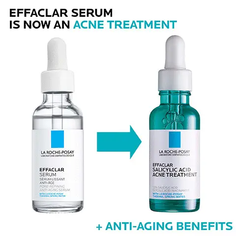 Image 1, effaclar serum is now an acne treatment plus anti-aging benefits. Image 2, apply 3-4 drops to cleansed face in the evening apply SPF the following day. Image 3, dermatologist tested, allergy tested, non-comedogenic, paraben free