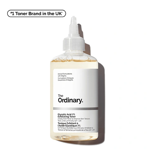 Image 1 - A clear bottle of The Ordinary Glycolic Acid 7% Exfoliating Toner with a pointed applicator and light yellow liquid, featuring text that reads #1 Toner Brand in the UK, Clinical Formulations with Integrity, Formulations Cliniques Empreintes dintégrité, The Ordinary., Glycolic Acid 7% Exfoliating Toner, A Daily AHA Toner to Improve Skin Texture, Tone, and Luminosity (pH ~3.6), Tonique Exfoliant à lAcide Glycolique 7%, Un Tonique Quotidien aux AHA pour Améliorer la Texture, le Teint et la Luminosité de la Peau (pH ~3.6). Image 2 - A clear liquid with bubbles provides a background for three bullet points, which read: Significantly Smoothed Skin Texture, Improves Signs of Congestion, Instantly Boosts Skin Radiance. Image 3 - A before and after comparison image shows a persons cheek with noticeable reduction in dark spots and a more even skin tone, alongside the text Promotes a more radiant, even skin tone. Before. After. Testing on 30 panellists using the product 1x/day. Image 4 - The image displays three benefits of regular exfoliation beyond the face, showing a close-up of a scalp, an arm, and an elbow, with the visible text Not just for your face. Regular exfoliation helps to: Rebalance dry scalp skin, Smooth arms, legs, elbows, and knees, Soften the feel of rough, bumpy skin. Image 5 - A persons hand with light pink nails and a two-toned ring gently touches a shiny, moisturized upper arm, with text overlays on the left that say Exfoliating and Smoothing. Image 6 - A close-up of a clear liquid in a glass dish with text listing ingredients: Key ingredients in Glycolic Acid 7% Exfoliating Toner: 7% Glycolic Acid An alpha-hydroxy acid that provides surface exfoliation. The smallest molecule within our direct acids. Tasmanian Pepperberry Derivative A source of anthocyanins. Image 7 - A clear bowl of pale yellow liquid is shown above an image of a person applying a white cotton pad to their cheek, with text reading: Glycolic acid has the smallest molecular size of all AHAs. That means it penetrates deeper and works faster to exfoliate dead surface cells, smooth uneven texture, and reveal brighter skin. Image 8 - The image displays a skincare regimen using The Ordinary products, including a white tube cleanser with foam, a clear dropper bottle, an amber toning solution bottle, and a grey tube moisturizer with a swipe of product, accompanied by visible text: A simple regimen for brighter skin. PREP Glucoside Foaming Cleanser. TREAT Glycolic Acid 7% Toning Solution Niacinamide 10% + Zinc 1%. SEAL Natural Moisturizing Factors + Beta Glucan. Image 9 - The image shows two The Ordinary toner bottles, a milky white Saccharomyces Ferment 30% Milky Toner and a clear Glycolic Acid 7% Exfoliating Toner, presented under the question What Toner Should I Use?, with the Milky Toner described as a gentle, non-acid based exfoliator that gently exfoliates and reduces the look of dark spots, is suitable for sensitive skin, and can be used twice daily, while the Exfoliating Toner is a direct-acid exfoliator that smooths skin texture and evens out skin tone, is best for experienced direct acid users, and can be used once daily.