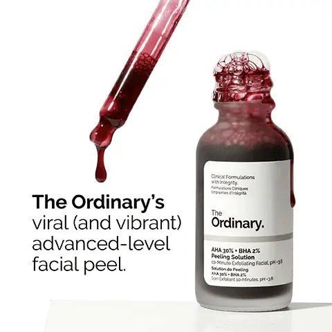 Image 1, the ordinary's viral (and vibrant) advanced level facial peel. Image 2, helps even skin texture and clear pore congestion. alpha hydroxy acids, beta hydroxy acids, tasmanian pepperberry. Image 3, use no more than twice a week. follow with hydration and sun protection. Image 4, water based serum texture. Image 5, 1 = prep, cleanser, toners. 2 = treat, water-based serums, eye serums, anhydrous solutions, oils. 3 = seal, suspensions, moisturizers, SPF.
