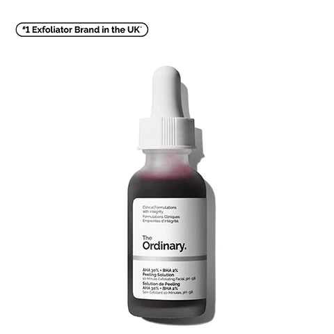 Image 1 - Image of a dark glass bottle of The Ordinary’s AHA 30% + BHA 2% Peeling Solution with a white dropper lid, labeled with phrases like Clinical Formulations with Integrity and *1 Exfoliator Brand in the UK.
              Image 2 - An image featuring a red liquid with droplets on a light background, accompanied by three icons and text stating Exfoliates Multiple Layers of the Skin Surface, Improves Uneven Pigmentation, and Clears Pore Congestion.
              Image 3 - A close-up image of a woman applying a red product to her cheek while displaying the words Exfoliating, Brightening, and Smoothing on the left side of the image.
              Image 4 - Image of a dropper with red liquid, showing the title Key ingredients in AHA 30% + BHA 2% Peeling Solution and three descriptions: Alpha-hydroxy acids (AHA) Provides surface exfoliation for a smoother appearance. Beta-hydroxy acids (BHA) Salicylic acid exfoliates within pores to prevent congestion. Tasmanian pepperberry derivative Helps to support skin tolerance of direct acids.
              Image 5 - An image showcasing a skincare regimen with four products labeled Squalane Cleanser, AHA 30% + BHA 2% Peeling Solution, Hyaluronic Acid 2% + B5, and Natural Moisturizing Factors + HA, accompanied by the text A regimen for hydrated and brighter-looking skin.
              Image 6 - Image shows two skincare products titled Aha 30% + BHA 2% Peeling Solution and Glycolic Acid 7% Exfoliating Toner, with descriptions, benefits, and usage tips for each product: AHA solution is a 10-minute peel improving texture, tone, and targeting pores; Glycolic toner is for daily use, enhancing texture, tone, luminosity, and reducing scalp dryness.