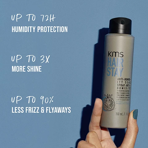 Image 1 - A hand with teal nail polish holds a gray KMS Hair Stay spray bottle against a blue background, with the text on the left reading UP TO 72H HUMIDITY PROTECTION, UP TO 3X MORE SHINE, UP TO 90% LESS FRIZZ & FLYAWAYS, and the bottle itself featuring the text kms HAIR STAY ANTI-HUMIDITY SEAL SPRAY ANTI-HUMIDITE 72-HOUR WEATHERPROOFING 72 HEURES DE PROTECTION CONTRE LHUMIDITE 72-STUNDEN SCHUTZ VOR LUFTFEUCHTIGKEIT 150 mL / 110 g. Image 2 - A gray spray can is seen releasing mist against a blue background, with the text: HIGHLY-EFFECTIVE OUR FORMULAS WITH MICRO NUTRIENTS DISTRIBUTE EVENLY ON THE HAIR SURFACE, ENSURING THE BEST PERFORMANCE. Image 3 - A collage of tomato images on a blue background featuring a whole ripe tomato, a cross-section of a tomato, a close-up of tomato pulp and seeds, and a line drawing of a tomato, with the text UPCYCLED TOMATO. Image 4 - A hand with teal nail polish holds a grey KMS Hair Stay Anti-Humidity Seal Spray Anti-Humidité bottle featuring a tomato graphic, with additional text 72 HOUR WEATHERPROOF LONG LASTING ANTI-FRIZZ 150 ml / 1.0 Fl. Oz, and to its right are three logos with text: PETA APPROVED COMMITTED TO CRUELTY-FREE BEAUTY, VEGAN FORMULA NO ANIMAL-DERIVED INGREDIENTS, and UPCYCLED UPCYCLED TOMATO. Image 5 - A split image shows a woman with shoulder-length dark curly hair before and after a styling treatment, with the left side depicting her with less defined curls and a subtle smile in a white t-shirt, and the right side showing her with more voluminous and defined curls and a wide smile in a blue jacket, with the visible text BEFORE and AFTER. Image 6 - Four grey KMS HAIR STAY hair product cans are displayed against a light background, with the text ENDLESS POSSIBILITIES FOR YOUR HAIR, and on the cans the product names and sizes are KMS HAIR STAY WORKING HAIRSPRAY FIXATIF DE COIFFAGE Flexible workable hold Tenue modulable Tenuta flessibile 300 ml / 272g, KMS HAIR STAY FIRM FINISH HAIRSPRAY SPRAY DE FINITION Long-lasting hold Tenue longue durée Tenuta forte 300 ml / 272g, KMS HAIR STAY ANTI-HUMIDITY SEAL SPRAY ANTI-HUMIDITE 150 ml / 136g, and KMS HAIR STAY DRY WAX SPRAY CIRE SECHE Gives flexible hold & natural finish Tenue souple et fini naturel Tenuta flessibile e finish naturale 150 ml / 136g.