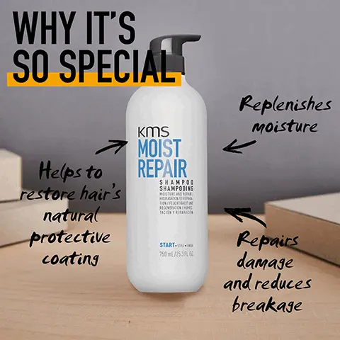Image 1, WHY IT'S SO SPECIAL Helps to restore hair's natural protective coating KMS MOIST REPAIR SHAMPOO SHAMPOOING MOISTURE AND REPAIR/ HYDRATATION ET RÉPARA- TION/FEUCHTIGKEIT UND REGENERATION/HUMEC- TACIÓN Y REPARACIÓN 750 mL/25.3 FL.OZ. Replenishes moisture START STYLE FINISH Repairs damage and reduces breakage Image 2, DID YOU KNOW?2 THAT THE MOISTREPAIR SHAMPOO IS THE MOST BELOVED SHAMPOO IN THE KMS ASSORTMENT. 7 Kms MOIST REPAIR SHAMPOO SHAMPOOING MOISTURE AND REPAIR/ HYDRATATION ET RÉPARA- TION/FEUCHTIGKEIT UND REGENERATION/HUMEC- TACIÓN Y REPARACIÓN START STYLE FINISH 300 mL/10.1 FL. OZ. ΚΠ MC RE Image 3, WHAT'S INSIDE Enriching Vanilla Kms MOIST REPAIR SHAMPOO SHAMPOOING MOISTURE AND REPAIR/ HYDRATATION ET RÉPARA- TION/FEUCHTIGKEIT UND REGENERATION/HUMEC- TACIÓN Y REPARACIÓN Nourishing Aloe Vera START STYLE FINISH 750 mL/25.3 FL.OZ. Image 4, USED BY OVER 3000 STYLISTS WORLDWIDE Image 5, RESPONSIBLY SOURCED MATERIALS m SAVE WATER CONSUMPTION SUSTAINABILITY COMMITMENTS TRUSTED FORMULAS & INGREDIENTS LESS PACKAGING MORE RECYCLEABILITY