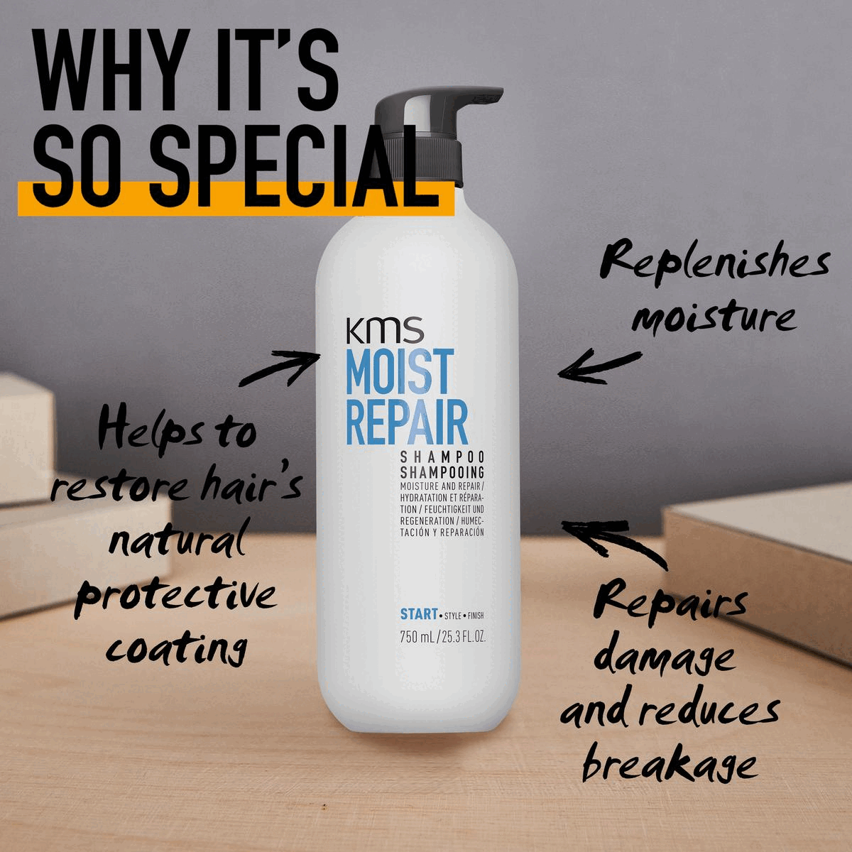 Image 1 -WHY IT'S SO SPECIAL Replenishes moisture Helps to restore hair's natural protective coating Repairs damage and reduces breakage Image 2- DID YOU KNOW.? THAT THE MOISTREPAIR SHAMPOO MOIST REPAIR IS THE MOST BELOVED SHAMPOO IN THE KMS ASSORTMENT. KMS IS WORKING ON SOURCING PALM OIL AND PALM OIL DERIVED INGREDIENTS FROM A SUSTAINABLE SOURCE ACROSS ALL IT'S RANGE NO ANIMAL TESTING IS USED DURING THE DEVELOPMENT OF KMS PRODUCTS AND KMS DOES NOT COMMISSION ANY ANIMAL TESTING ON FINISHED PRODUCTS PACK AND LID | 100% RECYCLEABLE Image 4 - WHAT'S INSIDE Enriching Vanilla Nourishing Aloe Vera Image 5- RESPONSIBLY SOURCED MATERIALS | SAVE WATER CONSUMPTION SUSTAINABILITY COMMITMENTS TRUSTED FORMULAS & INGREDIENTS LESS PACKAGING MORE RECYCLEABILITY Image 6 - USED BY OVER 3000 STYLISTS WORLDWIDE