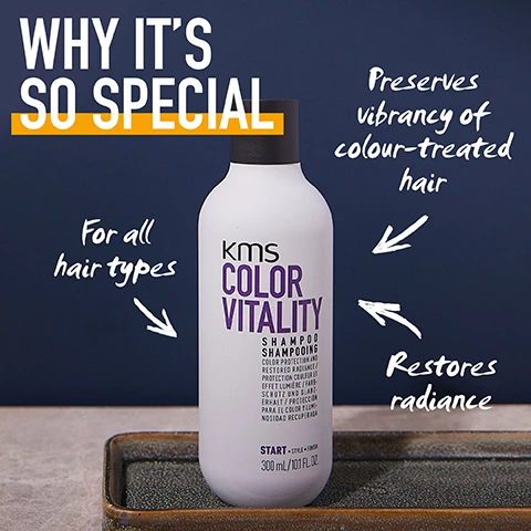 Image 1, why's it so special? preserves vibrancy of colour treated hair. for all hair types, restores radiance. image 2, maintains colour up to 3 times longer. three times longer than products without colourvitality procolour shield, with the use of colourvitality shampoo and conditioner. image 3, did you know colour vitality shampoo is sulphate free. image 4, what's inside? lilac and ginger. image 5, used by 30,000 stylists around the globe. base on internal KAO salon sell in data, january to december 2020 - global. image 6, sustainability comments. responsibly sourced materials, save water consumption, material improvement and reduction, formula.