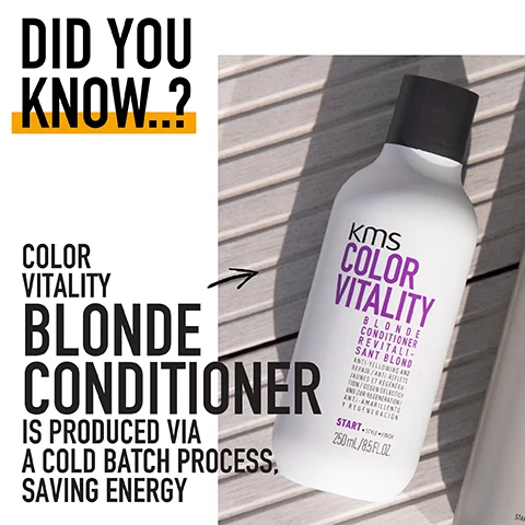Image 1, did you know colour vitality blonde conditioner is produced via a cold batch process, saving energy. image 2, what's inside? lavendar and rhubarb. image 3, used by 30,000 stylists around the globe. base on internal KAO salon sell in data, january to december 2020 - global. image 4, sustainability comments. responsibly sourced materials, save water consumption, material improvement and reduction, formula.