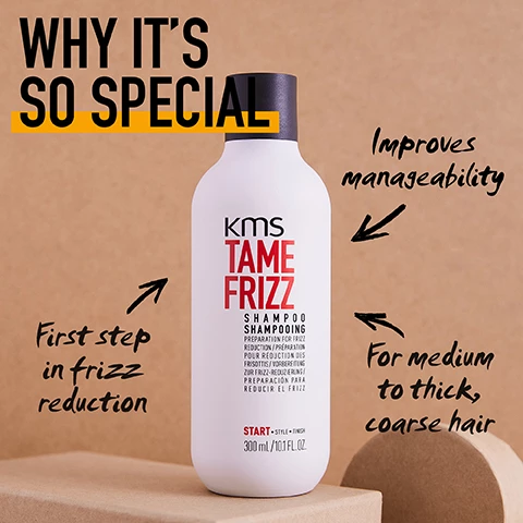 Image 1, why's it so special? improves manageability, first step in frizz control, for medium to thick, coarse hair. image 2, improves manageability. de-tangles, conditions and smoothes. provides up to 100% frizz reduction. with the use of a tamefrizz start, style, finish regimen image 3, what's inside? acacia and babassu. image 4, used by 30,000 stylists around the globe. base on internal KAO salon sell in data, january to december 2020 - global. image 5, sustainability comments. responsibly sourced materials, save water consumption, material improvement and reduction, formula.