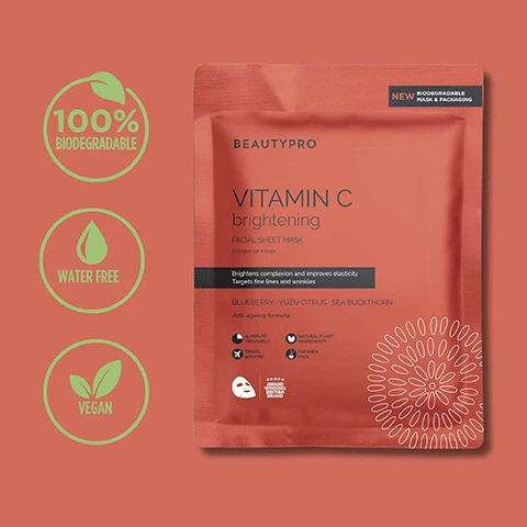 image 1, 100% biodegradable, water free, vegan. image 2, blueberry - combat signs of tiredness. yuzu citrus - firms and plumps the skin. sea buckthorn - deeply hydrates the skin. image 3, customer review = i used the sheet mask before going to bed and woke up with gorgeous, radiant skin. my skin felt so refreshes and smooth, and made applying makeup so much easier- will definitely be stocking up.