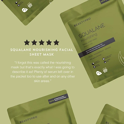 image 1, customer review of squalane nourishing facial sheet mask. i forgot this was called the nourishing mask but that's exactly what i was going to describe it as. plently of serum left over in the packet too to use after and on any other skin areas. image 2, top tip = use in place of your daily moisturiser first thing in the morning for a glow that lasts all day