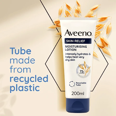 Image 1 - A tube of Aveeno Skin Relief Moisturising Lotion displaying information about its benefits, including intensely hydrates & helps heal very dry skin, with a note that the tube is made from recycled plastic and is recyclable, containing 200ml.
              Image 2 - A man with short, curly hair is applying a moisturizing cream to his shoulder while smiling gently, with text on the image stating 72h Moisturisation Intensely hydrates sensitive skin.
              Image 3 - Image shows a collection of Aveeno skin relief products on a blue background, including hand cream, moisturizing lotion, body wash, and body oil spray, with text stating Moisturises & cleanses to help heal dry, irritable skin and product details.
              Image 4 - A tube of Aveeno Skin Relief Moisturising Lotion is displayed on a blue background, with icons and text stating Vegan formula, Non greasy, and Unscented, along with a note that it intensely hydrates and helps heal very dry skin.
              Image 5 - A person wearing a white coat holds a tube of Aveeno Skin Relief Moisturising Lotion, with text stating Formulated for sensitive skin and Dermatologist tested alongside icons for each claim.
              Image 6 - Image shows a blue background with a close-up of an oat kernel held by tweezers, a spoon containing oat powder, and an oil droplet, accompanied by text that reads With soothing triple OAT complex & shea butter.
              Image 7 - An illustration of a cracked surface representing dry skin, with the text For very dry, sensitive & irritable skin below the graphic.