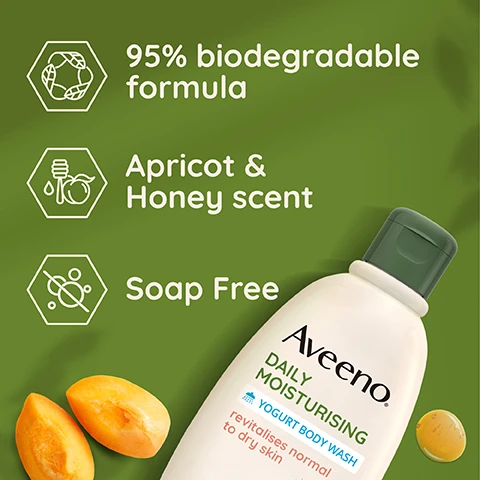 Image 1 - The image features a bottle of Aveeno Daily Moisturising Yogurt Body Wash with a green background, displaying key product attributes: 95% biodegradable formula, Apricot & Honey scent, and Soap Free, alongside two halved apricots placed beside the bottle.
              Image 2 - A woman with long brown hair smiles while applying a creamy product to her shoulder, with the text keeps skin feeling moisturised, velvety soft & healthy looking displayed beside her.
              Image 3 - Image shows three Aveeno skincare products on a green background, including Daily Moisturising Hand Cream, Daily Moisturising Body Lotion, and Yogurt Body Wash, with text that reads Cleans, moisturises & protects dry skin and product details including recyclable packaging indicators.
              Image 4 - Image of a metallic tweezer holding a grain of oat above a green bowl of yogurt on a green background, with text that reads With nourishing oat & greek yogurt.
              Image 5 - Image shows three Aveeno products for dry skin care: a hand cream, a body lotion with a pump labeled recyclable, and a body wash, all set against a green background with oat illustrations; visible text includes Cleanse, moisturise & protect dry skin, nourishes normal to dry skin, Recyclable Bottle & Pump, and Recyclable Tube.
              Image 6 - A person in a white coat holds a bottle of Aveeno Daily Moisturising Yogurt Body Wash, which revitalizes normal to dry skin and is suitable for sensitive skin, with visible text indicating it is dermatologist tested and comes in a recyclable bottle and cap, featuring an apricot scent.
              Image 7 - Image shows two bottles of Aveeno yogurt body wash side by side with a new design; the left bottle has an apricot and honey scent label, and the right bottle highlights the use of 50% recycled plastic with text that reads NEW LOOK, Bottle made from 50% recycled plastic, and features an apricot and honey scent label while showing a slice of apricot and honey droplet, both labeled as 300ml.