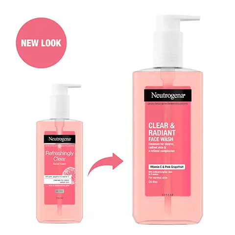 Image 1, New look Image 2, WITH VITAMIN C & PINK GRAPEFRUIT Image 3, 82% NOTICED BRIGHTER SKIN IN 4 WEEKS* *self-assessment, 44 subjects Image 4, Neutrogena CLEAR & RADIANT FACE WASH GENTLY CLEANSES FOR A CLEARER & MORE RADIANT COMPLEXION Mais C&F Gra