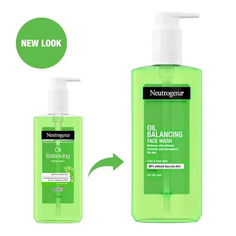 Image 1, New look Image 2, Neutrogenar OIL BALANCING FACE WASH CLEANSES & BALANCES OIL TO ACHIEVE VISIBLY LESS SHINE AND A REFINED LOOKING SKIN Image 3, 86% NOTICED LESS OILY SKIN IN 8 WEEKS* *Clinical study, self-assessment, 44 subjects Image 4, WITH LIME & ALOE VERA Imsge 5, for oily skin
