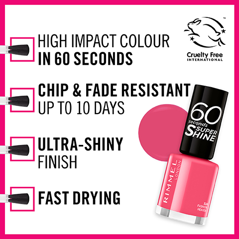 HIGH IMPACT COLOUR IN 60 SECONDS Cruelty Free INTERNATIONAL CHIP & FADE RESISTANT UP TO 10 DAYS ULTRA-SHINY FINISH FAST DRYING RIMMEL NOONOT 60 SHINE seconds SUPER 304 FASHION HEAVEN
