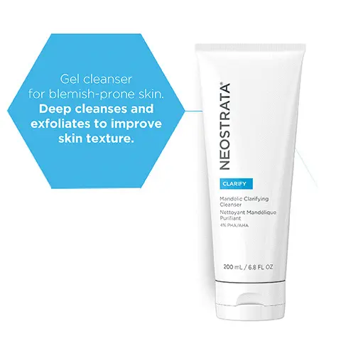 Image 1, gel cleanser for blemish-prone skin, deep cleanses and exfoliates to improve skin texture. Image 2-3, ingredients and their benefits. Image 4, soap-free foaming gel cleanser, dermatologist and allergy tested. Image 5, how to use. Image 6, the range