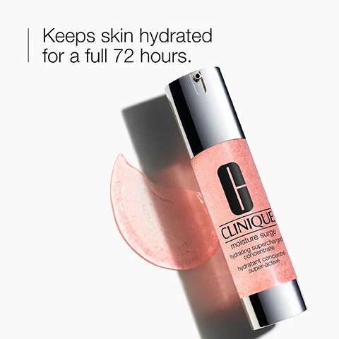 Image 1 - A pink hydrating gel in a silver and black bottle labeled Clinique sits next to a translucent pink gel patch, with the text Keeps skin hydrated for a full 72 hours. above it.
              Image 2 - A transparent gel product sits on a white surface with visible text that reads A blend of hydrating ingredients with hyaluronic acid.
              Image 3 - A close-up of a light pink gel with droplets, featuring the words hydrate and plump illustrated next to corresponding icons.
              Image 4 - The image has a light pink background featuring a simple table that indicates the product is free of fragrance, marked with an X next to the word fragrance.