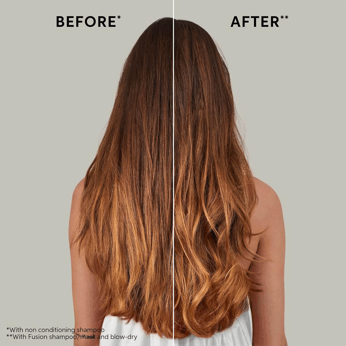 Image 1-Before - frizzy* After - smooth**  *with non conditioning shampoo **with Fusion shampoo mask and blow dry. Image 2-Instantly helps to protect against breakage.Image 3-How it works, 1. For damaged hair, 2. Effect inside hair,3. Effect outside hair