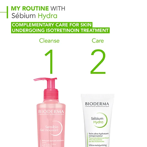 my routine with sebium hydra, complementary care for skin undergoing isotretinoin treatment. 1 = cleanse, 2 = care.