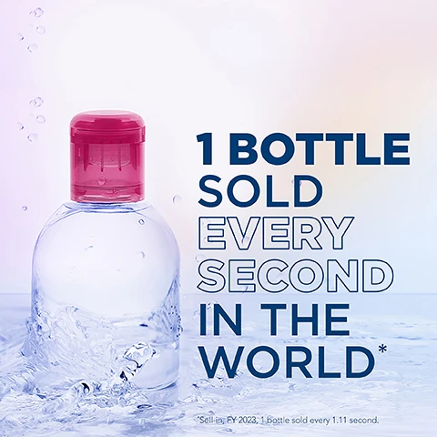 Image 1 - A transparent water bottle with a pink cap sits in water, accompanied by text stating 1 BOTTLE SOLD EVERY SECOND IN THE WORLD* and a footnote that reads Sell-by: FY 2023, 1 bottle sold every 1:11 second.
              Image 2 - A transparent bottle of Bioderma Sensibio H2O micellar water is centered against a soft gradient background, with the text 30 YEARS repeated in large, white font behind it, and smaller text on the bottle stating Bioderma and The Original micellar water.
              Image 3 - A close-up image of a model with a smooth complexion, showcasing her face and shoulder, accompanied by large text that reads -99% make-up, pollution, pollen*.
              Image 4 - Close-up of a womans face with a natural makeup look, showcasing steps for using a skincare product, with visible text: 1 Soak a reusable cotton-pad and apply SENSIBIO H2O 2 Cleanse and remove make-up from face and eyes 3 No need to rinse-off for skincare benefits.
              Image 5 - Close-up image of blue and gray micelles, which are small cleansing droplets, with text that reads MICELLAR TECHNOLOGY and a description about micelles capturing impurities while preserving the skins natural protective film.