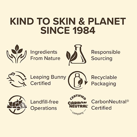 Kind to skin and planet since 1984. Ingredients from nature, responsible sourcing, leaping bunny certified, recyclable packaging, landfill-free operations and carbon neutral certified. Image 6, made with responsibly sourced beeswax