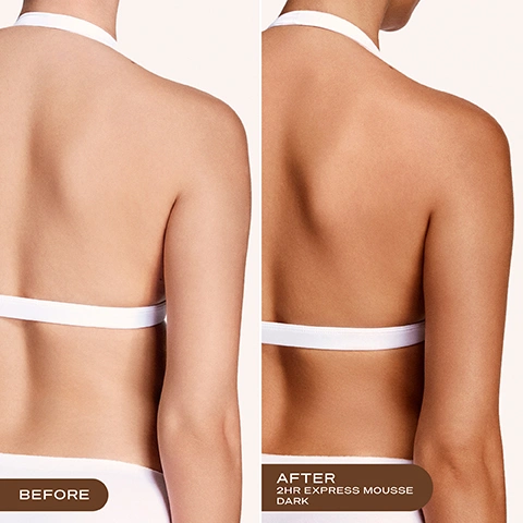 Image 2 - A split image shows a persons back, with the left side displaying light skin and a label that reads BEFORE, and the right side showing dark tanned skin with a label that reads AFTER 2HR EXPRESS MOUSSE DARK. Image 3 - The image shows a side-by-side comparison of two self-tanning mousse bottles, an old white and pink design on the left and a new all-pink design on the right, connected by an arrow, accompanied by the text New Look, Same Iconic Formula, Your favourite self-tan has an elevated new look - but with the same bestselling formula you know and love, You may receive either package during this transformation, and specific bottle label text including Loving Tan, 2 HR EXPRESS, DELUXE BRONZING MOUSSE, PROFESSIONAL STRENGTH, NATURAL OLIVE COLOUR, QUICK DRY & BRONZERS, DARK, FOR MEDIUM TO DARK SKIN TONES on the left bottle, and Loving Tan, 2 HR Express, Self-Tanning Mousse, Mousse Autobronzante, DARK on the right bottle. Image 4 - A close-up of dark brown foamy liquid or product with many small bubbles on its surface, displaying the text TINTED COLOUR GUIDE Tinted formula for an effortless, streak-free application. After rinsing, the clear actives continue to develop into your most natural-looking tan. Image 5 - A person with tanned skin wearing a pink bikini holds a pink Loving Tan 2HR Express Self Tanning Mousse bottle, with text on the right reading OUR #1 BEST-SELLING FORMULA and a logo stating PROUDLY AUSTRALIAN MADE. Image 6 - A pink bottle of Loving Tan 2 HR Express Self-Tanning Mousse Mousse Autobronzante in the Dark shade is shown with its pump dispenser, accompanied by text labels Professional strength, The most natural-looking tan, Quick drying, 100% Ecocert naturally derived DHA, and Industry-leading express tanning technology. Image 7 - Three arms with varying skin tones display three rectangular self-tanner swatches each, labeled Medium, Dark, and Ultra Dark, with the header Which Tan Shade Should I Choose? Results shown are 24 hours after application. Image 8 - The image features a clock graphic illustrating tanning instructions with text Tanning Time, 2 HRS Rinse off, 24 HRS Tan development, and detailed instructions that read RINSE AFTER 2 HOURS, DARKENS/DEVELOPS INTO FINAL RESULT IN 24 HOURS, After rinsing off the tinted colour guide, your colour continues to darken and develop for up to 24 hours into your final, natural-looking tan.