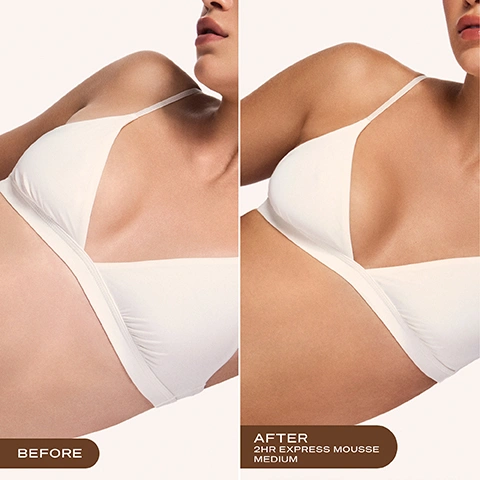 Image 2 - A split image shows a persons upper torso and shoulder in a white bikini, with the left side displaying pale skin labeled BEFORE and the right side displaying the same person with deeply tanned skin labeled AFTER 2HR EXPRESS MOUSSE MEDIUM. Image 3 - A promotional image showing two versions of Loving Tan 2 HR Express self-tanning mousse bottles, an old design on the left with a white and black label, and a new all-pink design on the right, with a directional arrow between them, accompanied by the text: New Look, Same Iconic Formula. Your favourite self-tan has an elevated new look - but with the same bestselling formula you know and love. Loving Tan 2 HR EXPRESS DELUXE BRONZING MOUSSE PROFESSIONAL STRENGTH NATURAL OLIVE COLOUR QUICK DRY & BRONZERS MEDIUM. You may receive either package during this transformation. Loving Tan 2 HR Express Self-Tanning Mousse Mousse Autobronzante MEDIUM. Image 4 - A close-up of a rich, dark brown foamy product with many small bubbles is shown with the text Tinted Colour Guide, Tinted formula for an effortless, streak-free application. After rinsing, the clear actives continue to develop into your most natural-looking tan. Image 5 - A woman with tanned skin and pink lips wears a white spaghetti strap top, with text overlayed reading OUR #1 BEST-SELLING FORMULA and a circular logo that says PROUDLY AUSTRALIAN MADE around an outline of Australia. Image 6 - A light pink pump bottle of Loving Tan 2 HR Express Self-Tanning Mousse is shown with its cap resting beside it, featuring on the bottle text that reads Loving Tan 2 HR Express Self-Tanning Mousse Mousse Autobronzante MEDIUM PROFESSIONAL STRENGTH FOR THE MOST NATURAL-LOOKING TAN e120 ML I 4.0 FL OZ, alongside descriptive callouts highlighting Professional strength, 100% Ecocert naturally derived DHA, The most natural-looking tan, Quick drying, and Industry-leading express tanning technology. Image 7 - Three arms with varying natural skin tones display three rectangular self-tanner swatches each, labeled Ultra Dark, Dark, and Medium, demonstrating Which Tan Shade Should I Choose? Results shown are 24 hours after application. Image 8 - A diagram showing a clock face with arcs indicating time, labeled 2 HRS Rinse off and 24 HRS Tan development, alongside the text: Tanning Time. RINSE AFTER 2 HOURS, DARKENS/DEVELOPS INTO FINAL RESULT IN 24 HOURS. After rinsing off the tinted colour guide, your colour continues to darken and develop for up to 24 hours into your final, natural-looking tan.