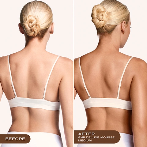 Image 2 - A womans back shows a before and after comparison of fair skin on the left and a medium tan on the right, with text labels BEFORE and AFTER 8HR DELUXE MOUSSE MEDIUM. Image 3 - The image shows two Loving Tan self-tanning mousse bottles side by side representing a packaging transformation, with the old pink Deluxe Bronzing Mousse on the left and the new beige 8 HR Deluxe on the right, and an arrow between them, featuring text that reads New Look, Same Iconic Formula, Your favourite self-tan has an elevated new look - but with the same bestselling formula you know and love, You may receive either package during this transformation, with the left bottle also showing Loving Tan DELUXE BRONZING MOUSSE INSTANT BRONZER, SELF TANNER & MOISTURISER PROFESSIONAL STRENGTH QUICK DRY NATURAL OLIVE COLOUR MEDIUM, and the right bottle showing Loving Tan 8 HR Deluxe Self-Tanning Mousse Mousse Autobronzante MEDIUM. Image 4 - A close-up of a foamy brown substance, possibly a self-tanner, with the text: TINTED COLOUR GUIDE Tinted formula for an effortless, streak-free application. After rinsing, the clear actives continue to develop into your most natural-looking tan. Image 5 - A woman with blonde hair and a natural-looking tan wearing a white top looks at the camera, with text that reads FOR THE MOST NATURAL-LOOKING TAN and a circular logo saying PROUDLY AUSTRALIAN MADE around a map of Australia. Image 6 - A light beige self-tanning mousse pump bottle with the cap slightly open, annotated with text that reads: Professional strength, 100% Ecocert naturally derived DHA, The most natural-looking tan, Quick drying, Hydrating aloe vera base, and on the bottle Loving Tan 8 HR Deluxe Self-Tanning Mousse Mousse Autobronzante MEDIUM with three black dots. Image 7 - The image displays three different arms with varying skin tones, each showing three rectangular swatches of self-tanner, and includes the text Which Tan Shade Should I Choose? Results shown are 24 hours after application, with swatch labels reading ULTRA DARK, DARK, MEDIUM on the first arm, MEDIUM, DARK, ULTRA DARK on the second arm, and ULTRA DARK, DARK, MEDIUM on the third arm. Image 8 - A diagram depicting a clock face with segments indicating tanning product use and development, illustrating Tanning Time with 8 HRS Rinse off and 24 HRS Tan development, along with instructions that read RINSE AFTER 8 HOURS, DARKENS/DEVELOPS INTO FINAL RESULT IN 24 HOURS and After rinsing off the tinted colour guide, your colour continues to darken and develop for up to 24 hours into your final, natural-looking tan.