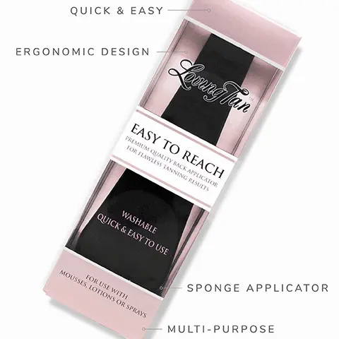 Quick & easy. Ergonomic design. Sponge applicator. Multi-purpose. Makes it easy to tan difficult to reach areas.