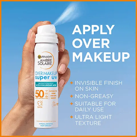 Five images transitioning into each other in an endless loop. Image 1: Over makeup Super UV. Suitable for under and over makeup. Invisible finish on skin. Enriched with hyaluronic acid. Image 2: 97% said it's easy to add into the daily routine. 89% said it's the perfect daily SPF. 86% said they would continue to use it outside the Summer months. Image 3: Customer review: This is an amazing product! it goes easily over makeup, my skin feels instantly refreshed- Sarah. Thhis is my new bestie, i dont leave the house without it now! - Karina. Image 4, Cruelty free international- all garnier products are officially approved by cruelty-free international under the leaping bunny program. Image 5, Recognising garniers research into suncare, british skin foundation.