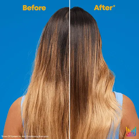 Before. After. Brass Off System vs. non-conditioning shampoo. Calibrated Dyes & Ceramides. 2x more moisture & shiny, stronger hair. Helps remove brassy undertones. Brass Off Shampoo vs. non-conditioning shampoo. 2x more moisture. Shiny stronger hair. Moderate Tony, step 1, shampoo, step 2, pigmented conditioner. Maximum Toning, step 1, shampoo, step 2, mask.