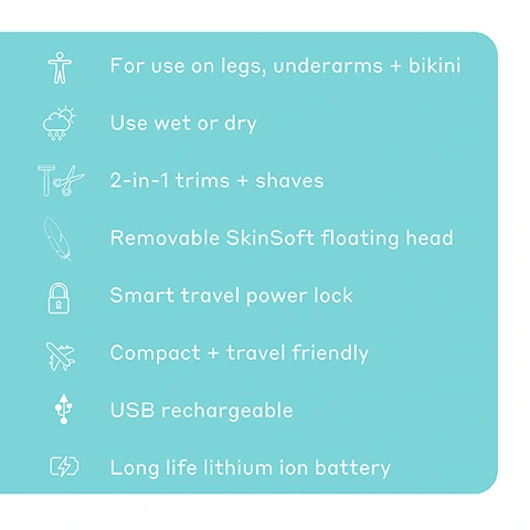 For use on legs, underarms and bikini. Use wet or dry. 2-in-1 trims and shaves. Removable SkinSoft floating head. Smart travel power lock. Compact and travel friendly. USB rechargeable. Long life lithium ion battery.