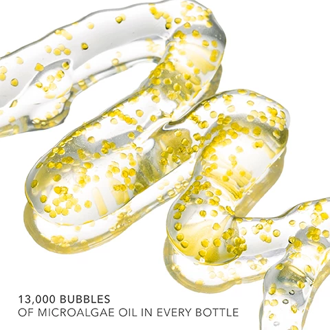Image 1, 13,000 bubbles of mucroalgae oil in every bottle. image 2, key ingredients - proprietary active vegan collagen helps increase firmness, bounce and suppleness. patented and exclusive alguronic acid visible reduces fine lines and wrinkles. exclusive non-gmo strain microalgar oil nourishes and hydrates.